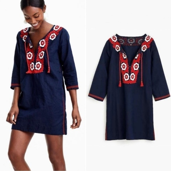J Crew | Linen blend, embroidered red and navy tunic dress - Picture 7 of 7